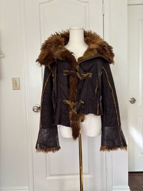 Euro made in Italy Brown Faux-Fur Trim real leather Jacket